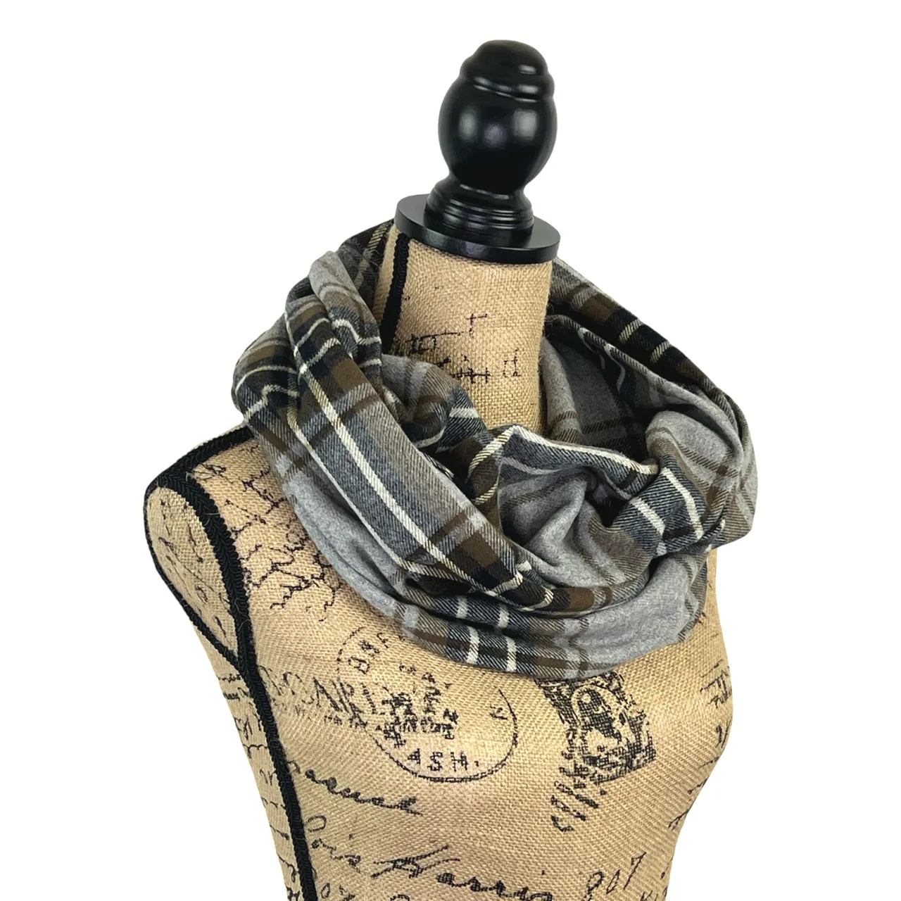 Foggy Grey, Brown, Black, and Ivory Luxe Collection Plaid Infinity and Blanket Scarves