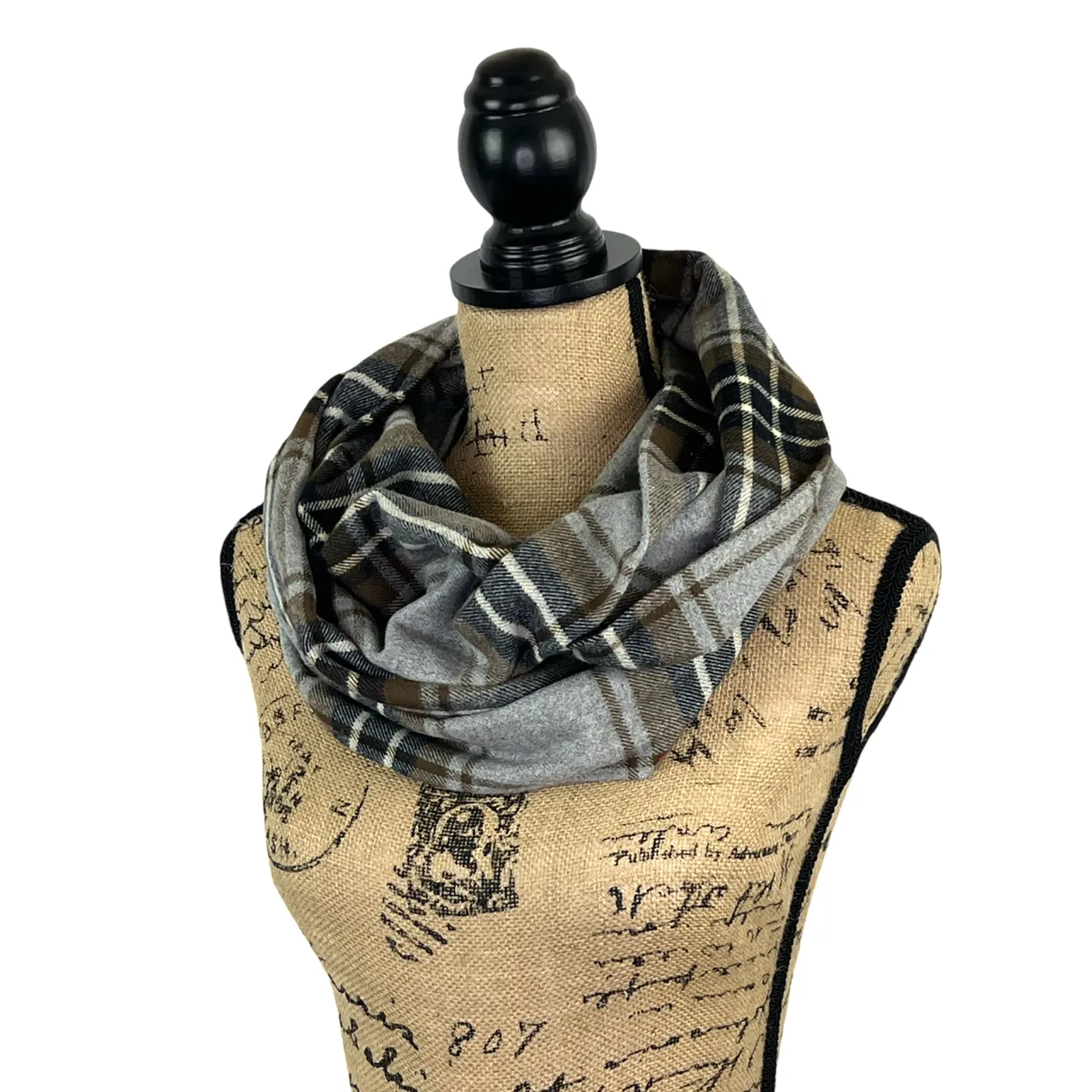 Foggy Grey, Brown, Black, and Ivory Luxe Collection Plaid Infinity and Blanket Scarves