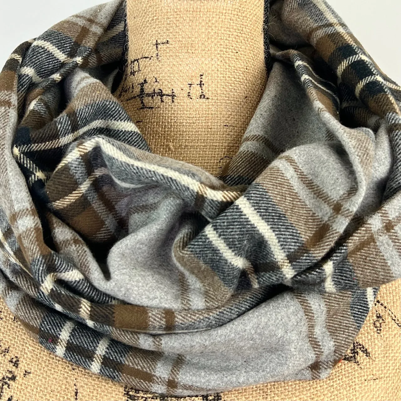 Foggy Grey, Brown, Black, and Ivory Luxe Collection Plaid Infinity and Blanket Scarves