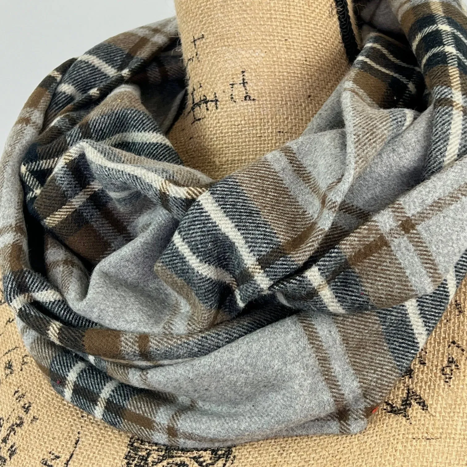 Foggy Grey, Brown, Black, and Ivory Luxe Collection Plaid Infinity and Blanket Scarves