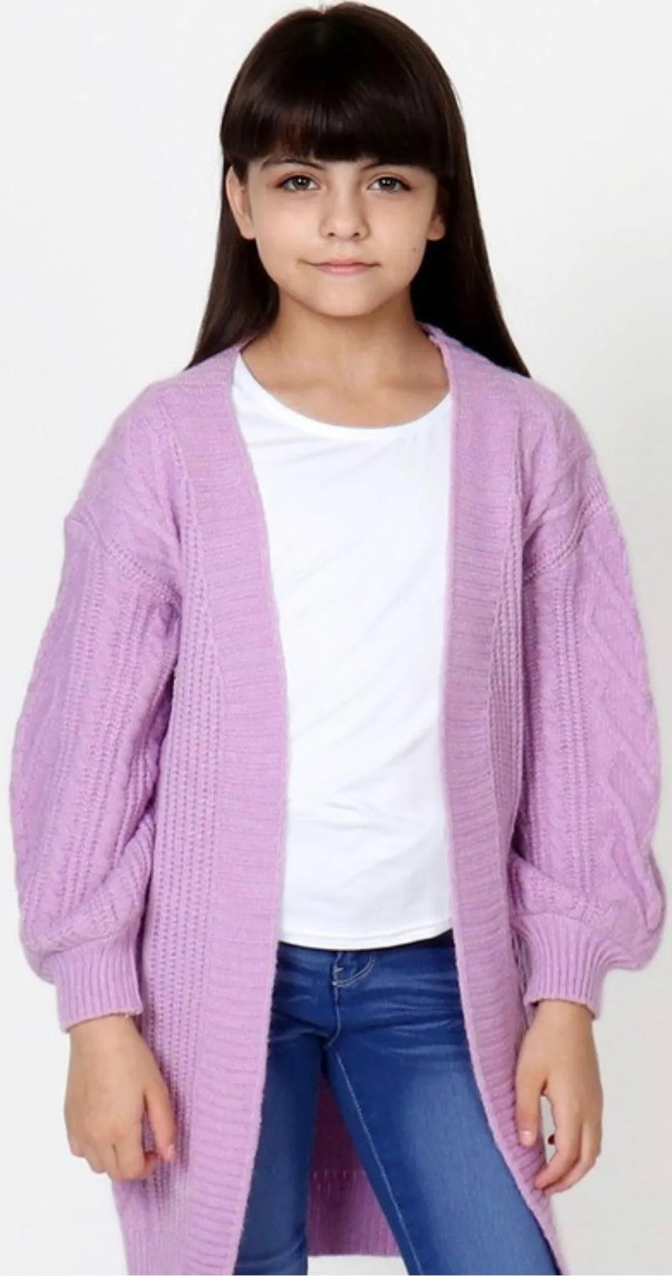 Girls’ Chunky Cable Knit Cardigan in Lilac