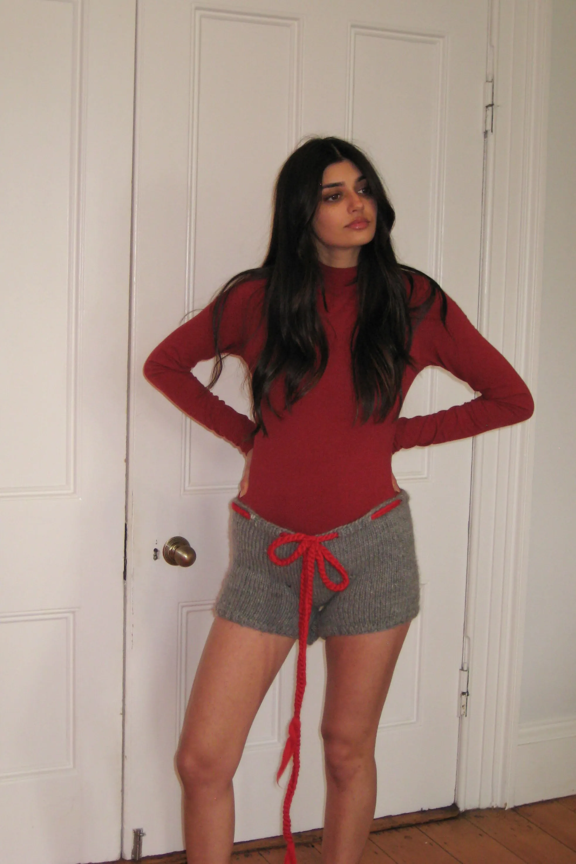 Grey and Red Bow Knit Shorts