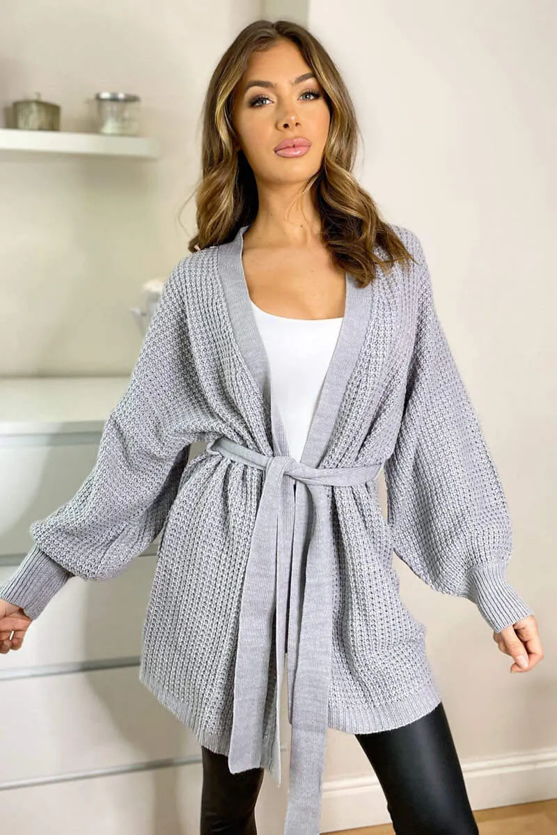 Grey Chunky Knit Balloon Sleeve Cardigan