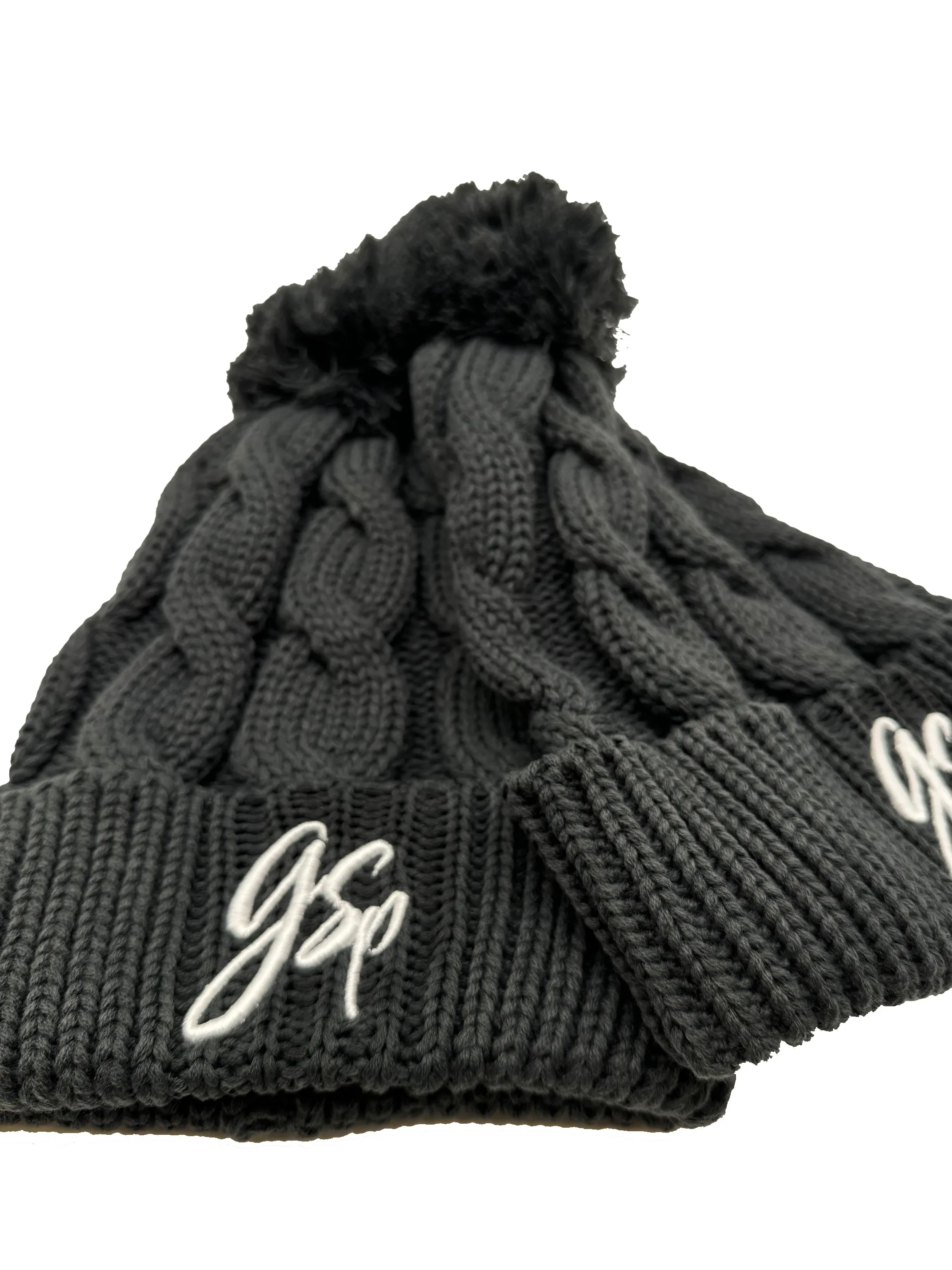 GSP Scripted Chunky Pom Pom Beanie - Gunmetal with White