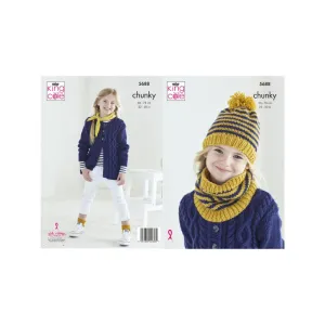 King Cole Kids Chunky Cardigan, Hat and Scarf Knitting Pattern 5688