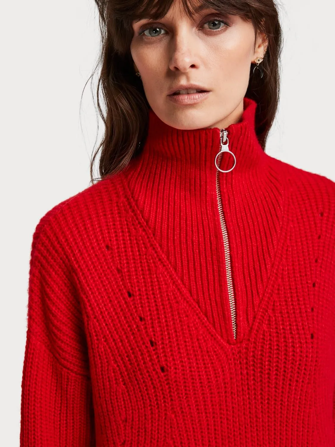 Knitted Zip-Up Pullover (Red)