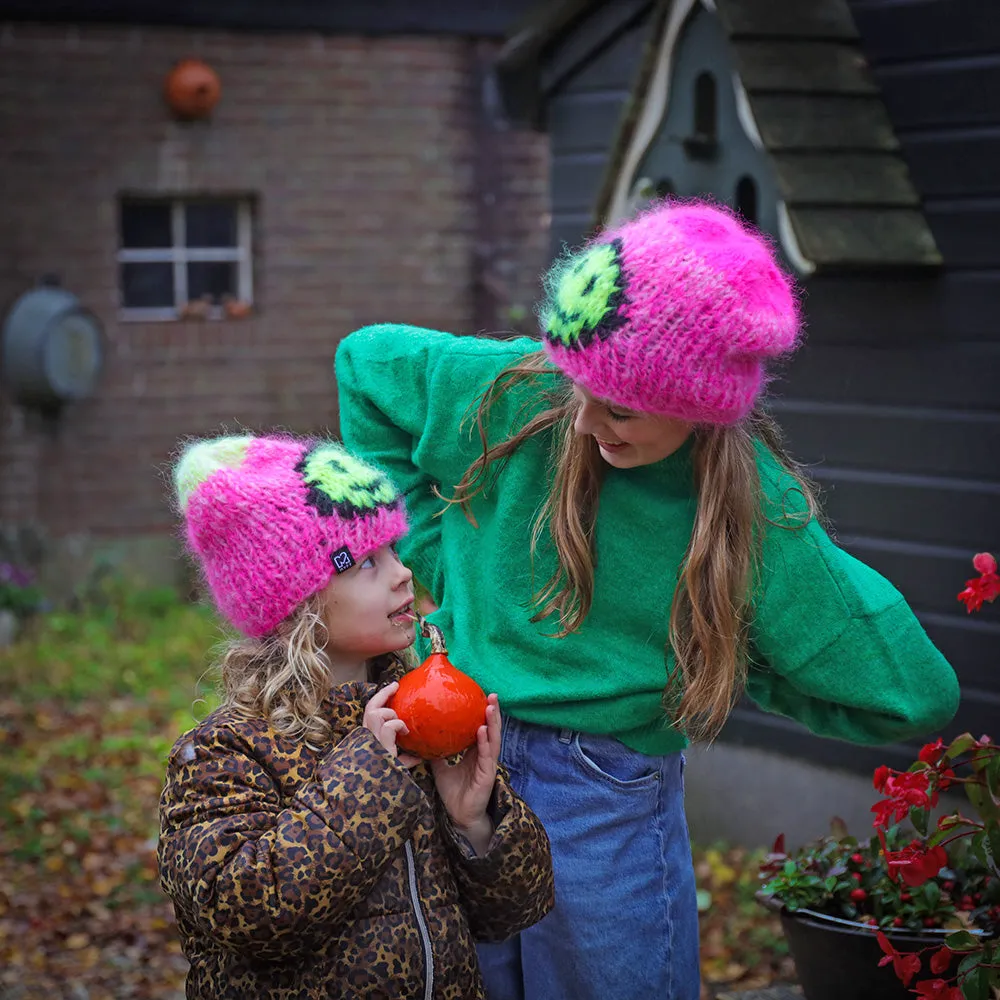 Knitting Kit – Chunky mohair Smiley beanies Pink 1 adult   2 kid beanies (ENG-NL)