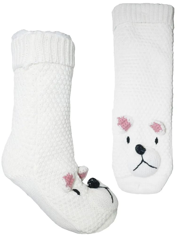 Ladies Felicity Borg Lined Polar Bear 3D Knitted Slipper Socks in Cream