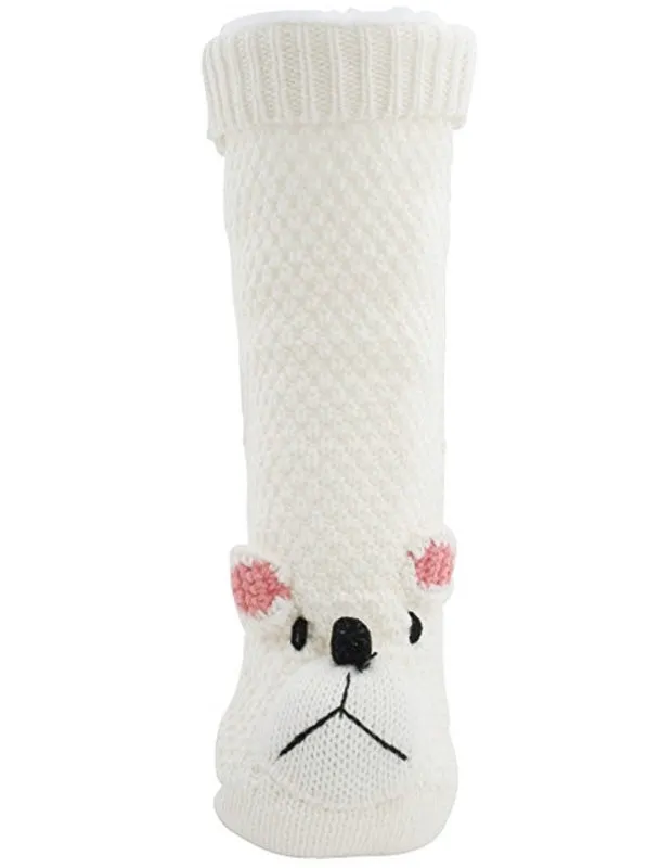 Ladies Felicity Borg Lined Polar Bear 3D Knitted Slipper Socks in Cream