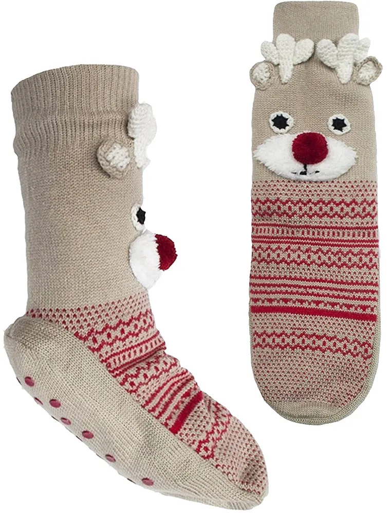 Ladies Harmony Borg Lined Reindeer 3D Knitted Slipper Socks in Coffee