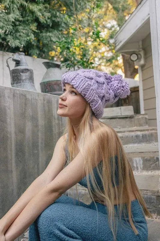 Lavender Oversized Chunky Knit Pom Beanie