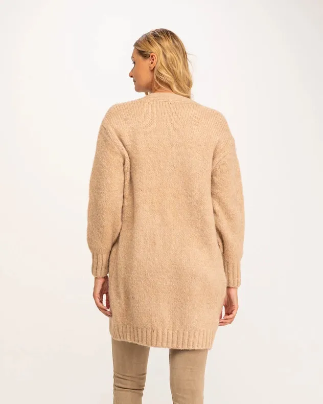 Long Chunky Knit Jacket With Front Pockets Beige