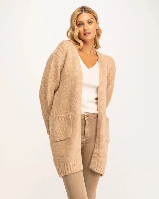 Long Chunky Knit Jacket With Front Pockets Beige