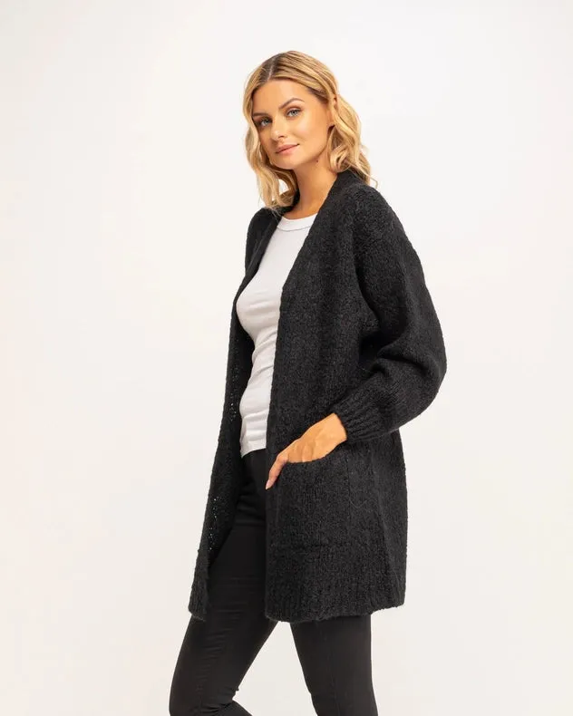 Long Chunky Knit Jacket With Front Pockets Black