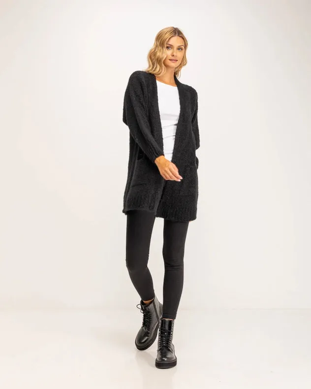 Long Chunky Knit Jacket With Front Pockets Black