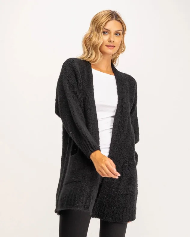 Long Chunky Knit Jacket With Front Pockets Black