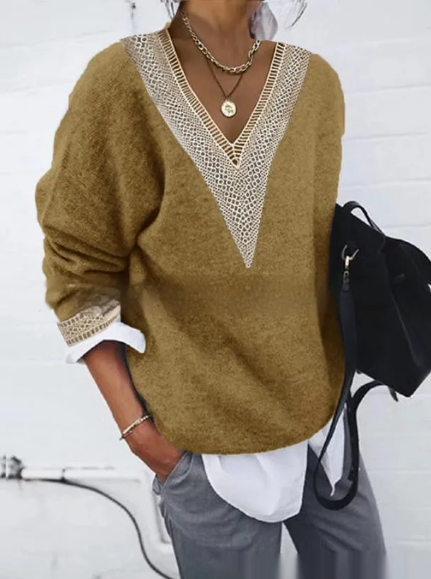 Long Sleeve Lace Collar Solid Color Knitted Sweater