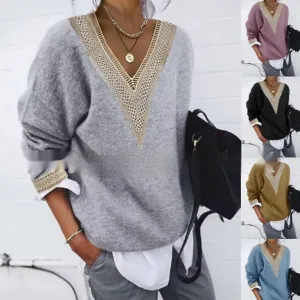 Long Sleeve Lace Collar Solid Color Knitted Sweater