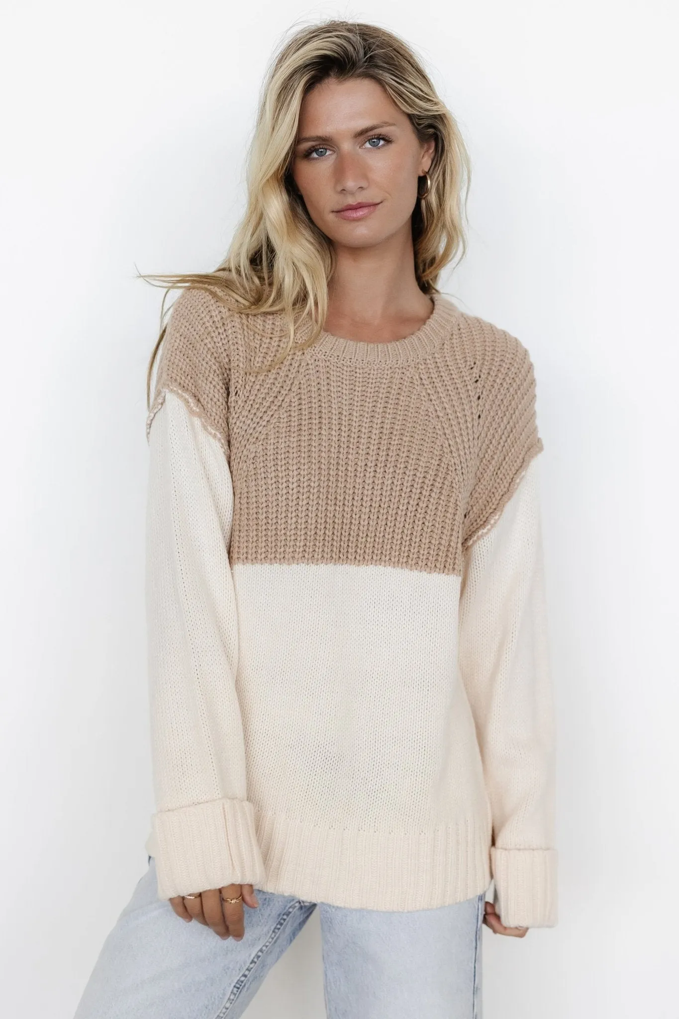 Mabel Cuffed Sweater | Cream   Taupe