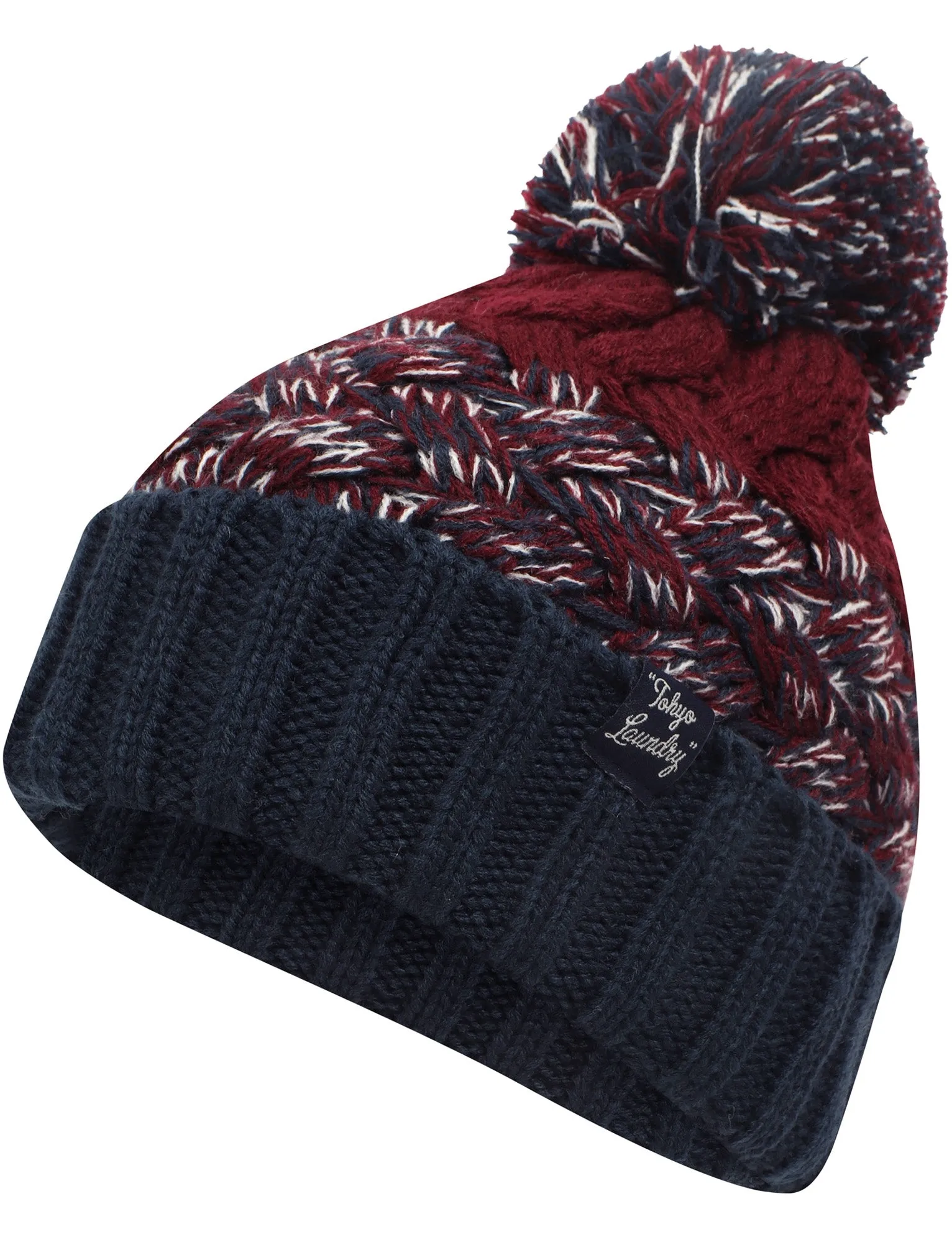 Men's Jenek Cable Knit Bobble Hat in Oxblood - Tokyo Laundry