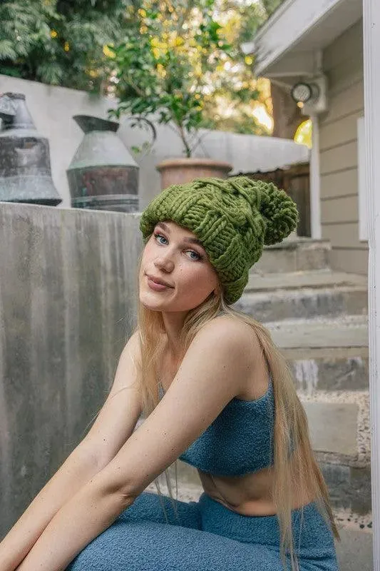 Olive Oversized Chunky Knit Pom Beanie