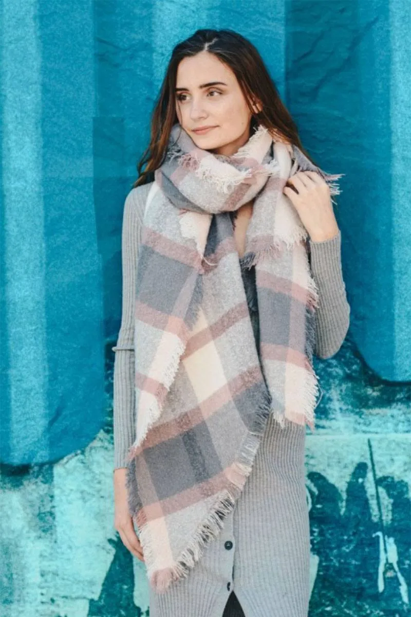 Oversize chunky plaid asymmetrical trim frayed edge scarf