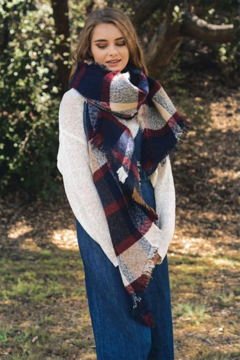 Oversize chunky plaid asymmetrical trim frayed edge scarf