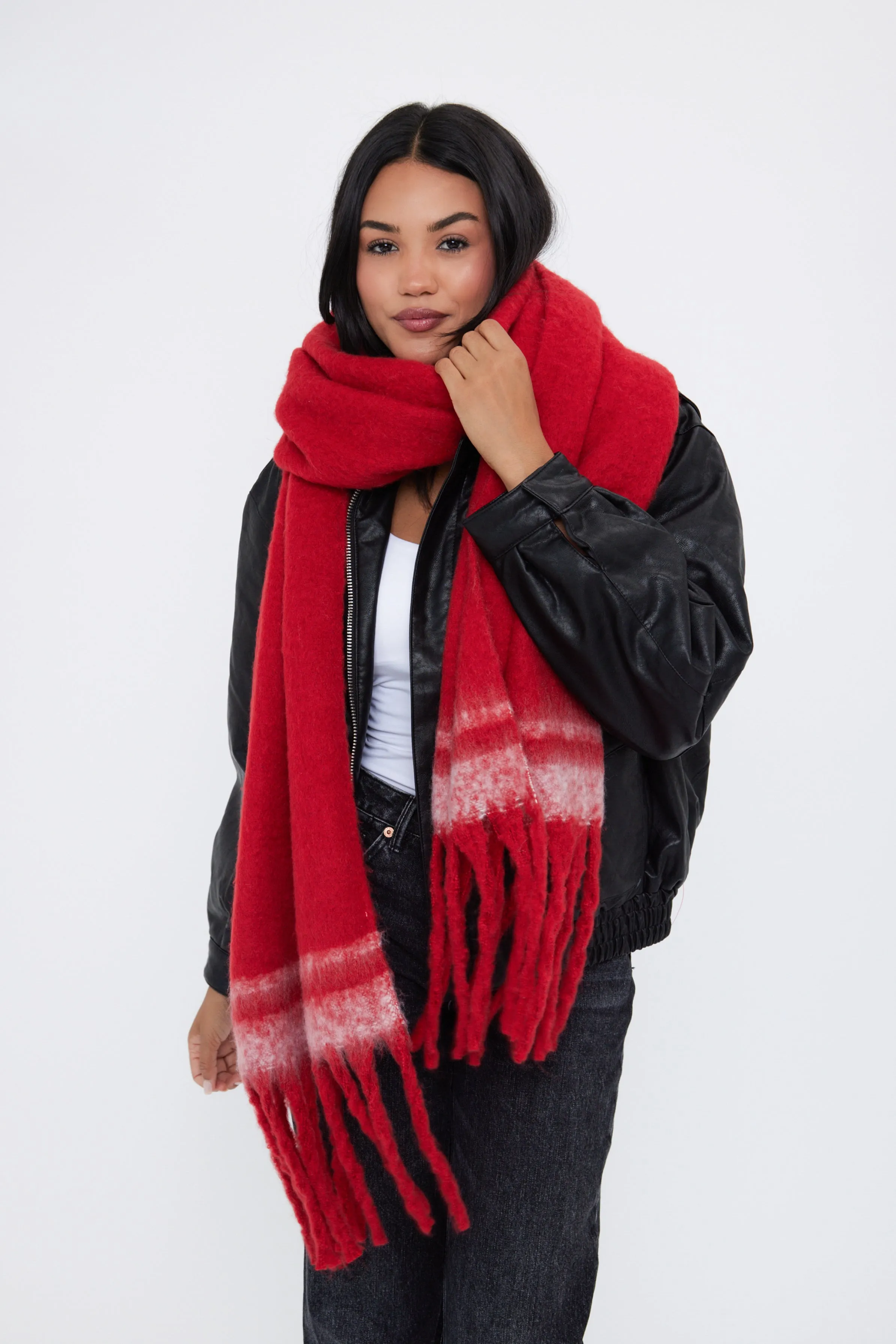 Oversized Chunky Blanket Scarf with Stripe Detail in Red and White