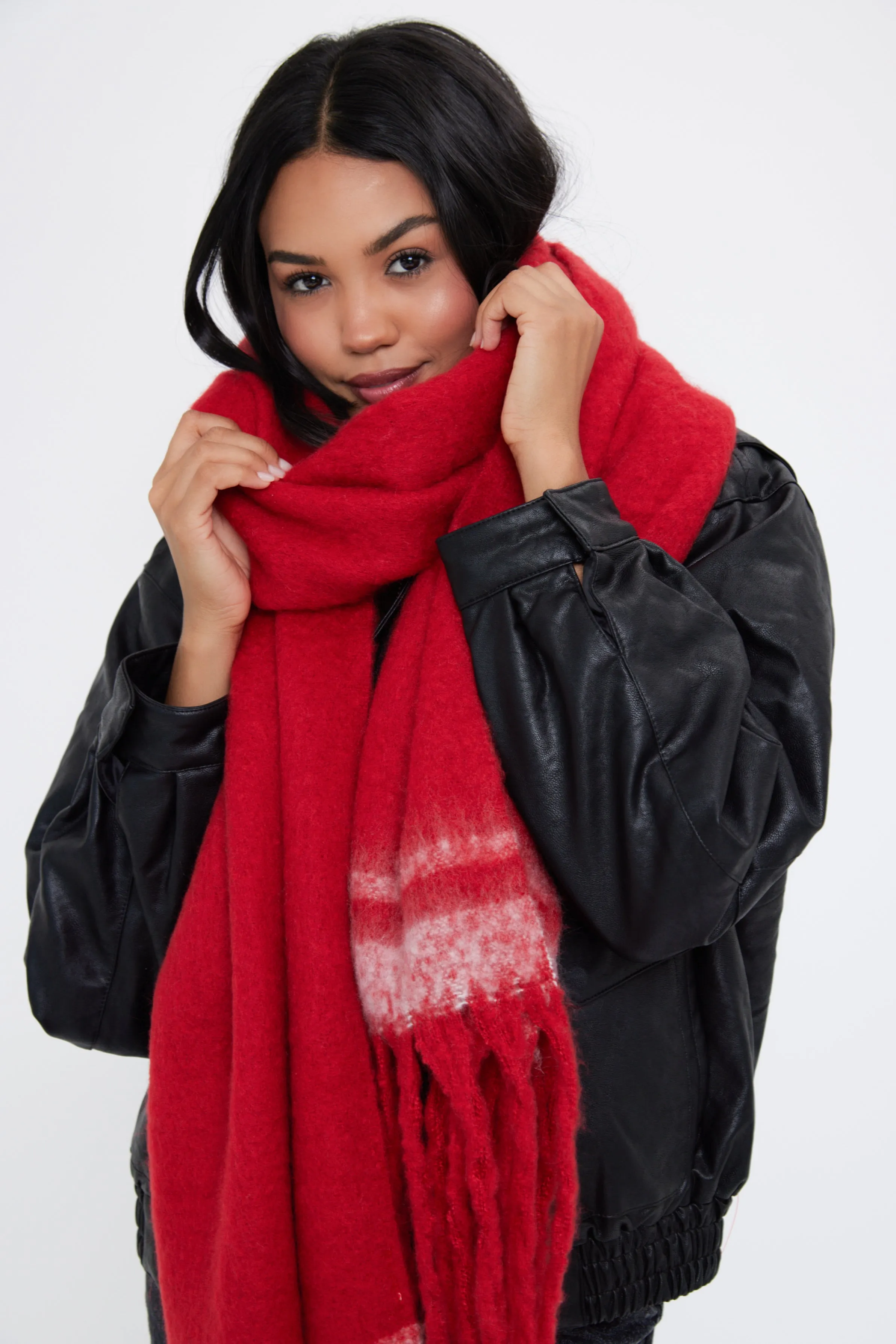 Oversized Chunky Blanket Scarf with Stripe Detail in Red and White