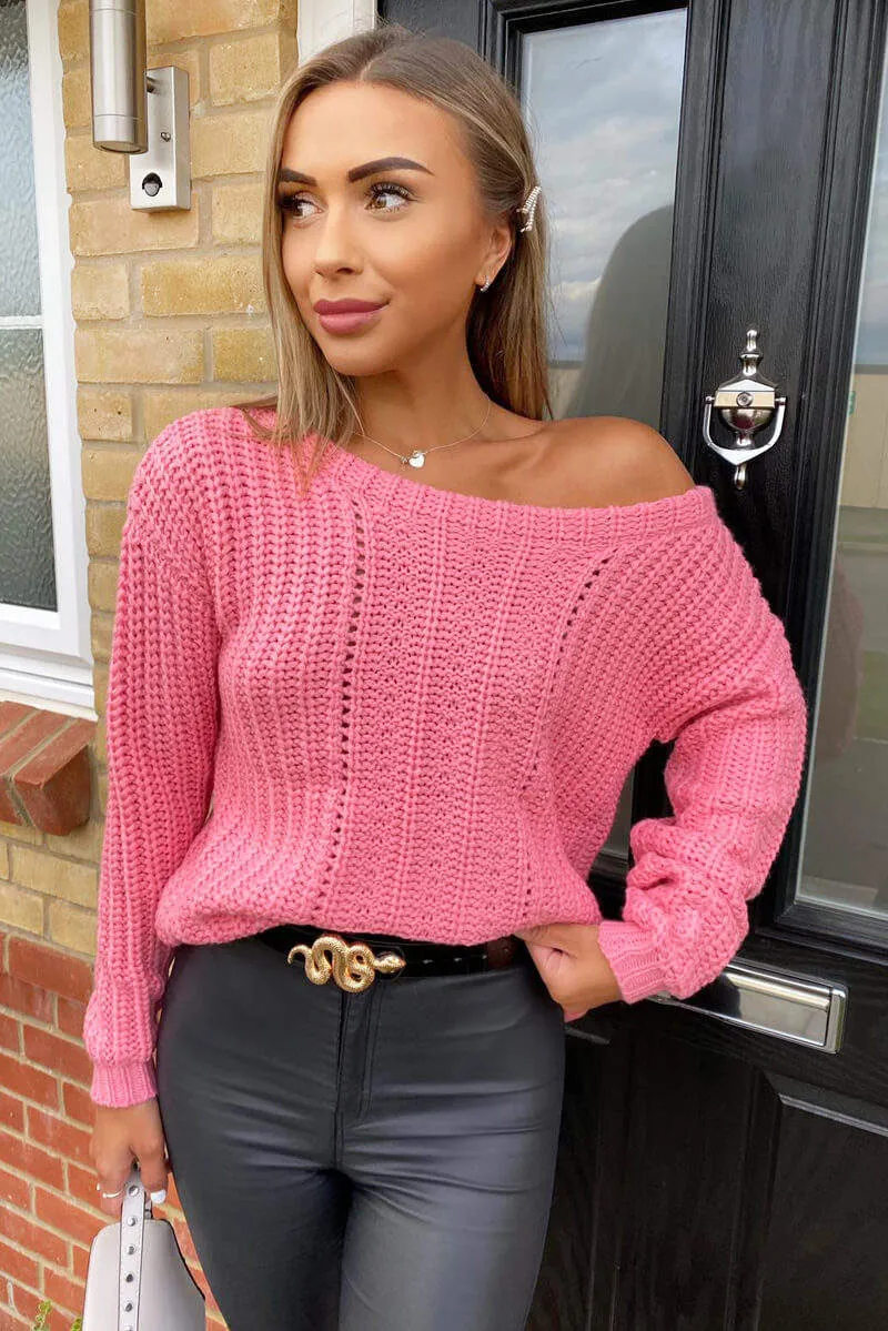 Pink Off The Shoulder Chunky Knit Jumper