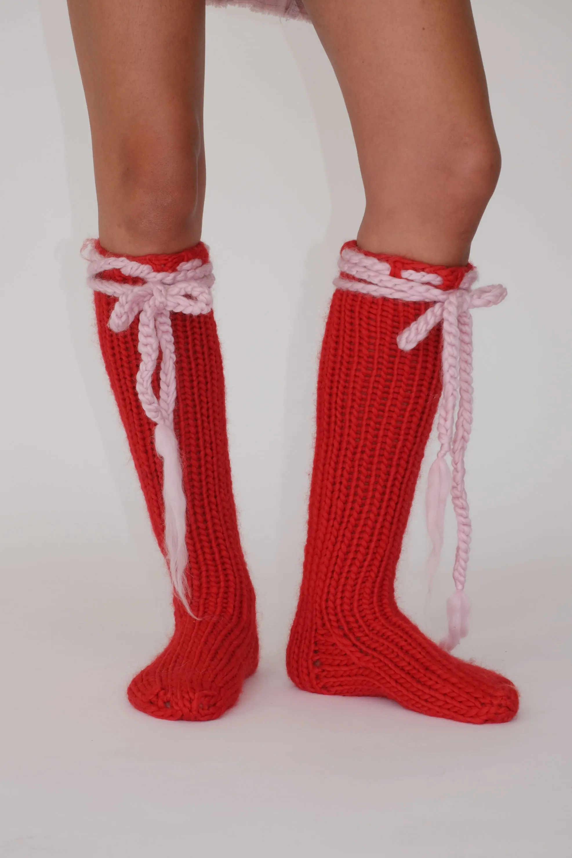 Red Chunky Knit High Knee Socks