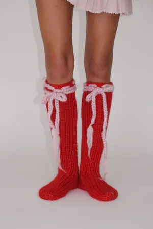 Red Chunky Knit High Knee Socks