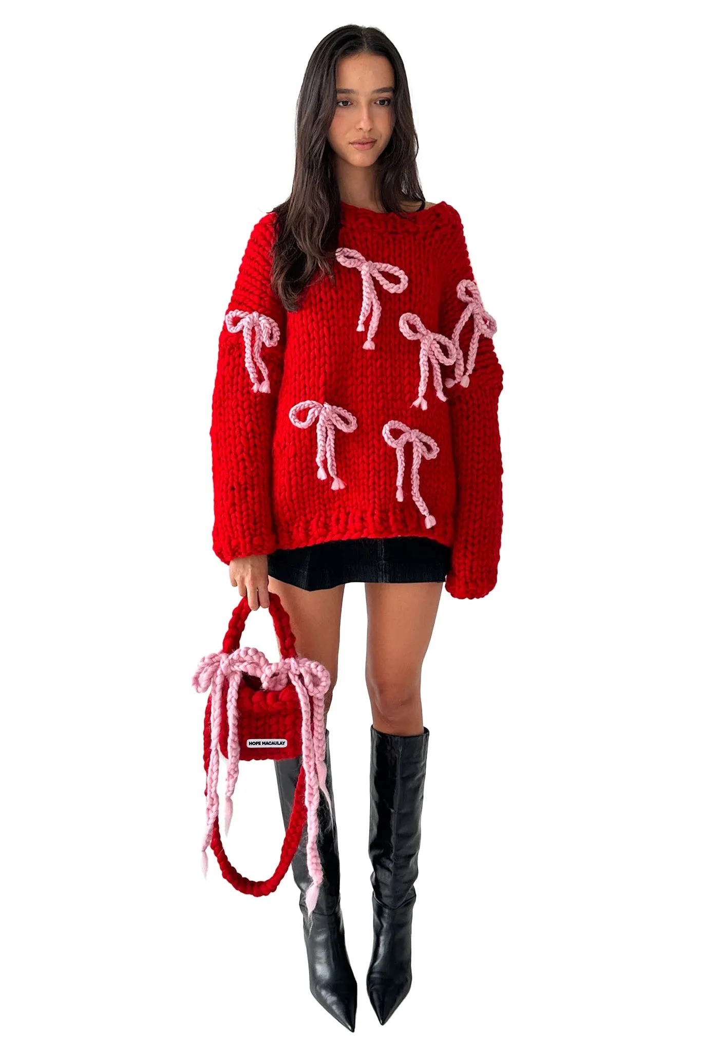 Red Colossal Knit Crossbody Bag with Bows