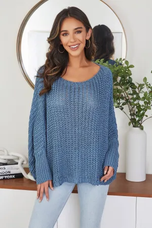 Slate Blue Boatneck Drop Shoulder Long Sleeve Sweater