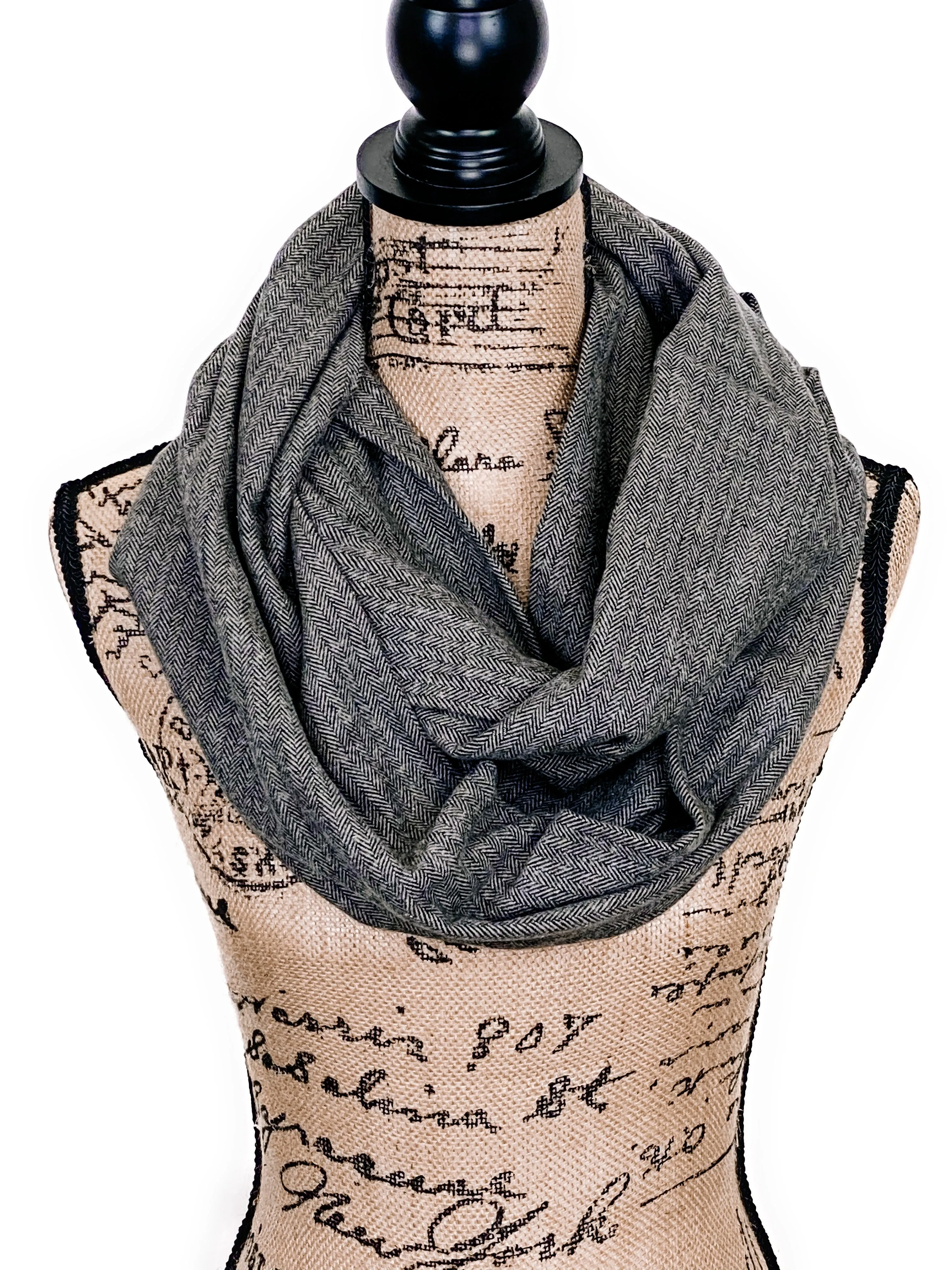 Smokey Gray and Black Herringbone Medium Weight Flannel Scarf