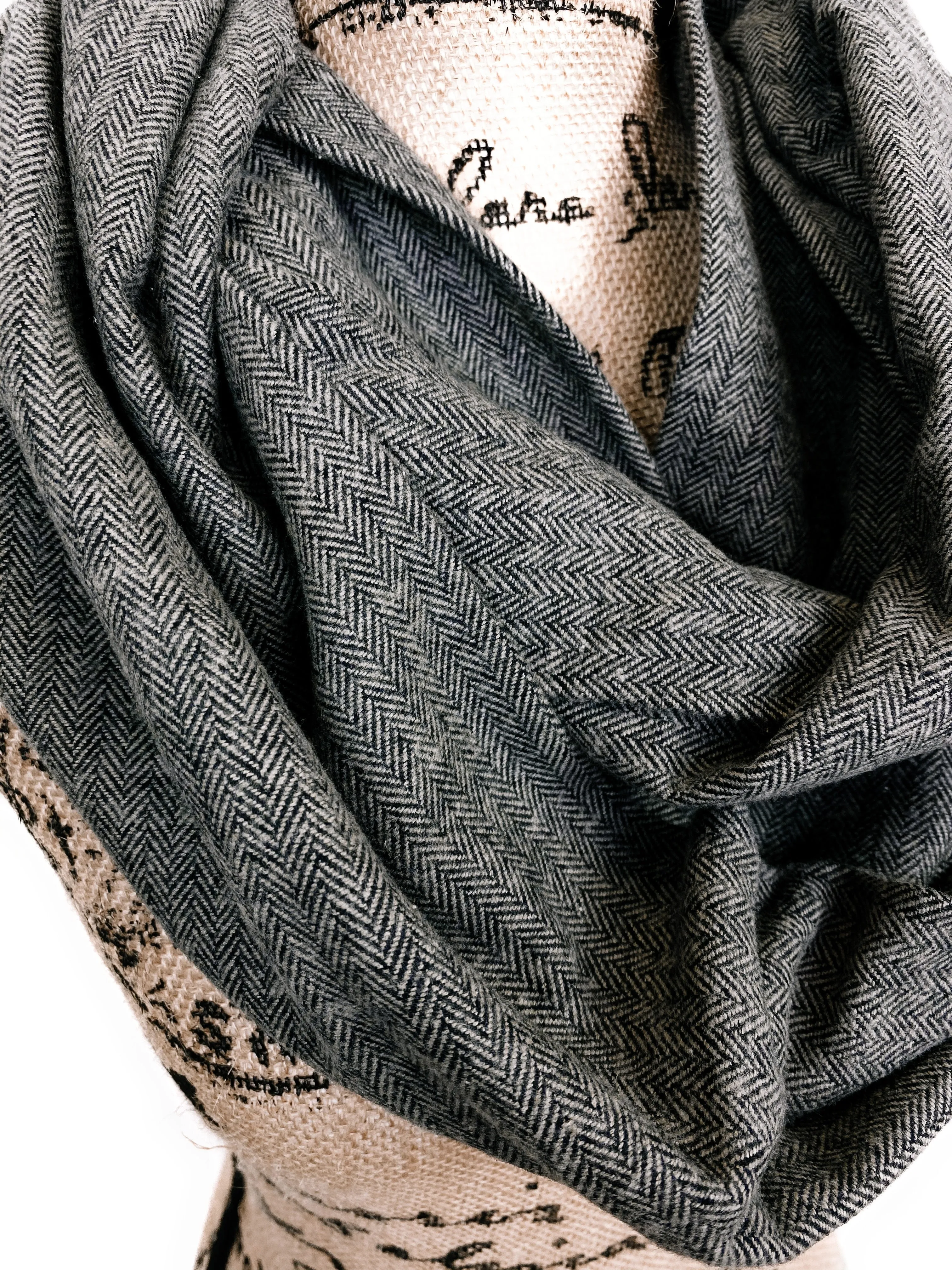 Smokey Gray and Black Herringbone Medium Weight Flannel Scarf