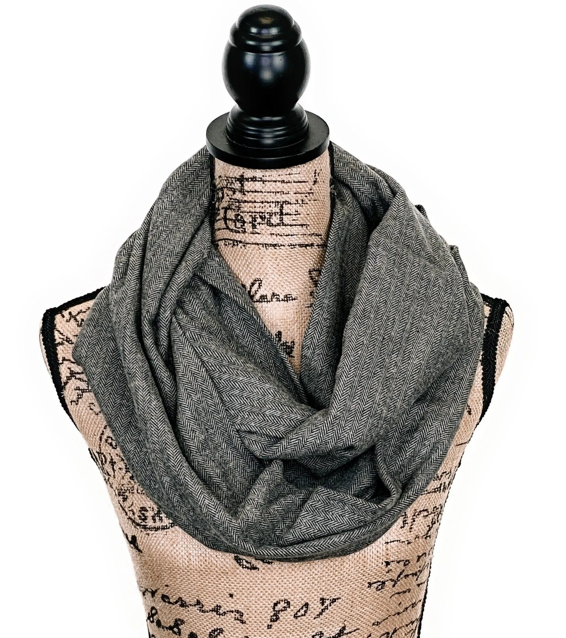 Smokey Gray and Black Herringbone Medium Weight Flannel Scarf