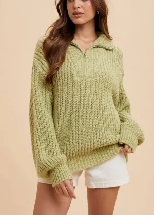 Soft and Chunky Quarter Zip Sweater in Pistachio