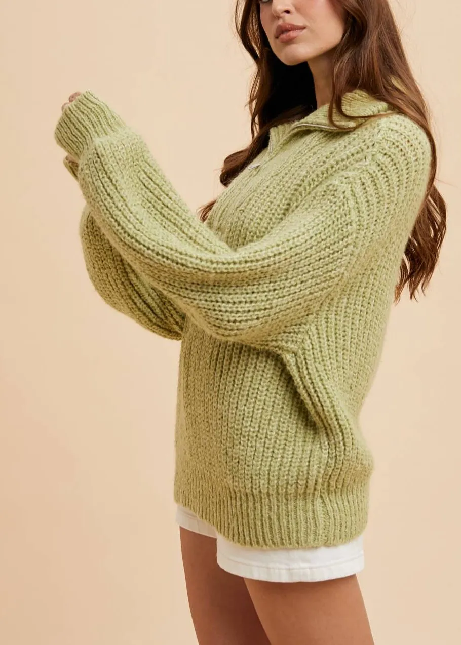 Soft and Chunky Quarter Zip Sweater in Pistachio