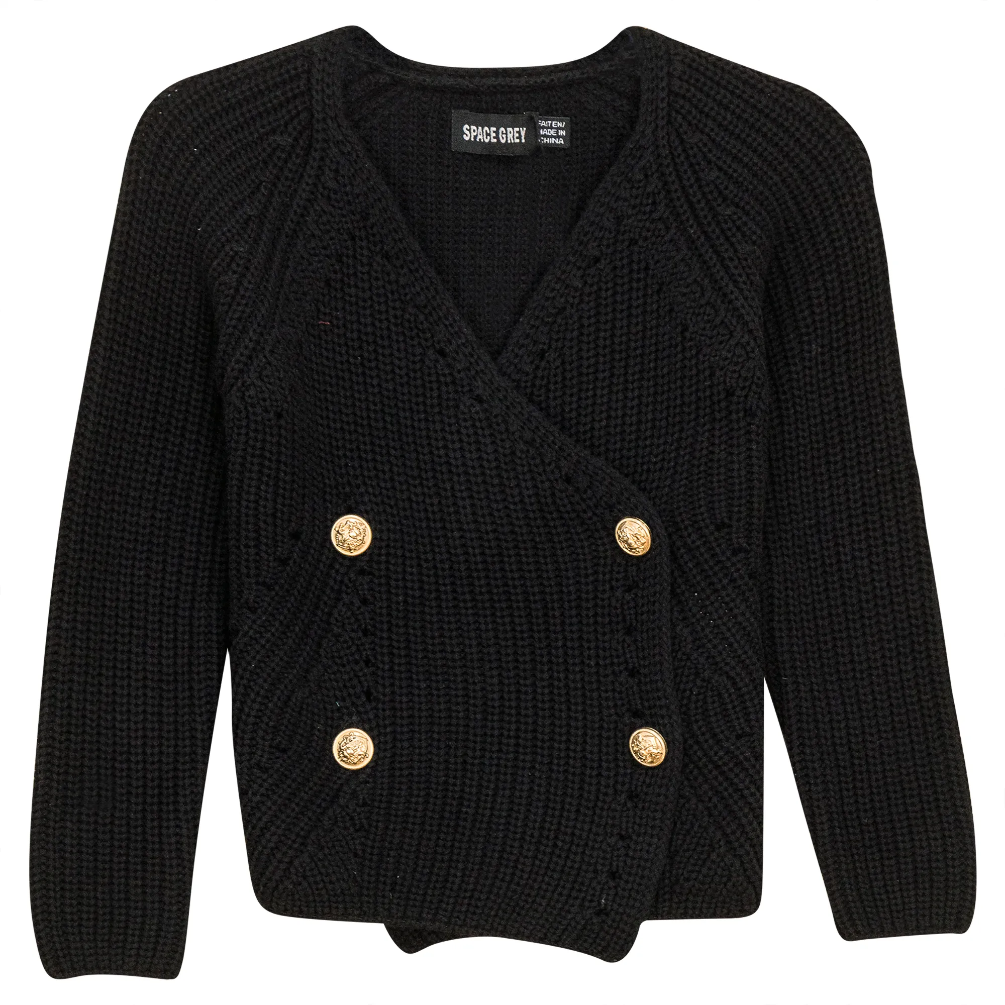 top l/s sweater chunky knit double buttons - black