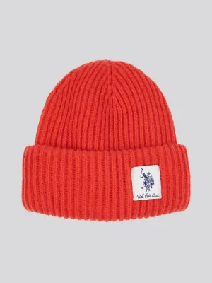 Womens Double Horsemen Woven Patch Beanie in Aura Orange